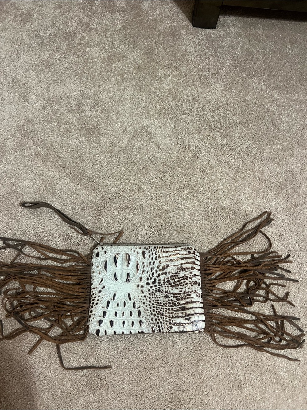 Western Fringe Croc-Embossed Wristlet in White and Brown
